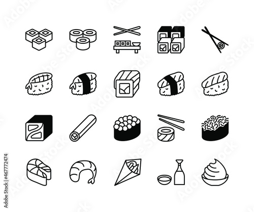 Japanese food flat line icons set. Included the icons as sushi, sashimi, maki, sushi roll and more. Simple flat vector illustration for web site or mobile app