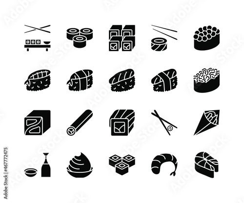 Japanese food flat line icons set. Included the icons as sushi, sashimi, maki, sushi roll and more. Simple flat vector illustration for web site or mobile app