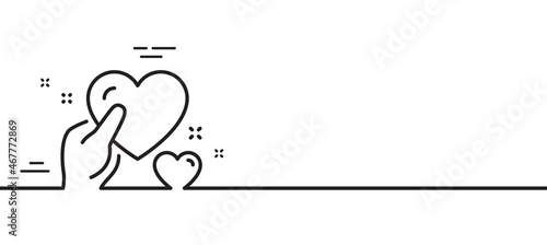 Hold heart line icon. Care love emotion sign. Valentine day symbol. Minimal line illustration background. Hold heart line icon pattern banner. White web template concept. Vector