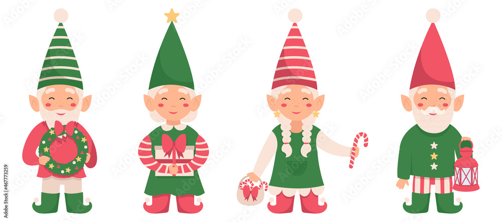 Fototapeta premium Vector set of funny Christmas gnome isolated on white background. 4 Santa elves with a wreath, a gift, lollipops and a lantern.