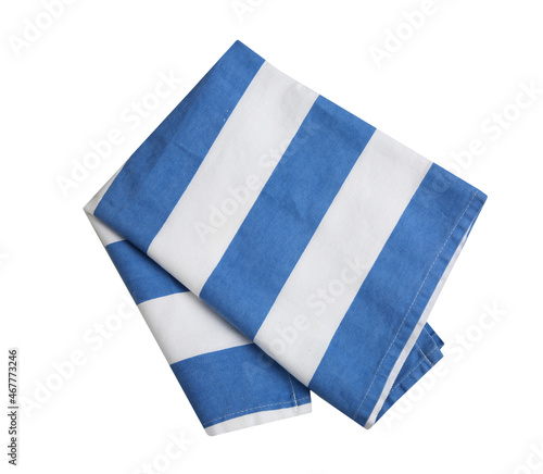 Folded kitchen cloth isolated, blue white striped towel.