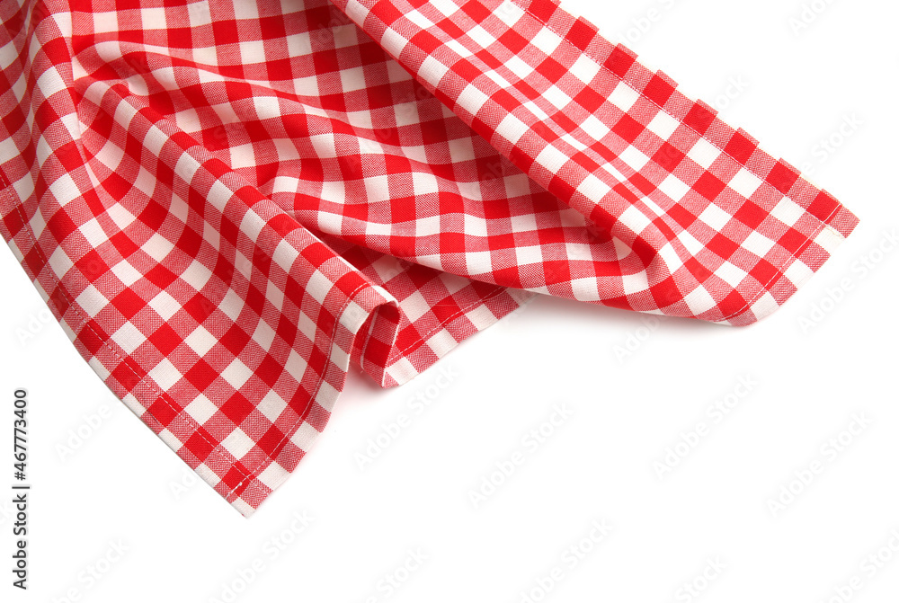 Crumpled napkin food advertisement element. Checkered red cloth,picnic towel isolated. Traditional country dishcloth. Crumpled napkin food advertisement element. Checkered red cloth,picnic towel isolated. Traditional country dishcloth.