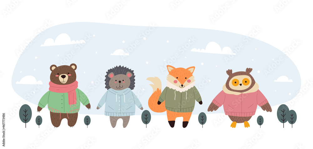 Fototapeta premium Winter forest animal characters fox bear owl hedgehog concept. Vector flat cartoon graphic design illustration