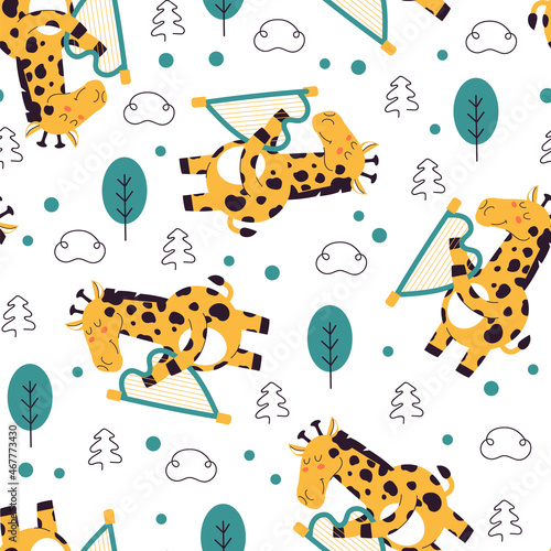 Tropical jungle forest animal giraffe playing music on gusli seamless endless repeat rainbow vector flat pattern