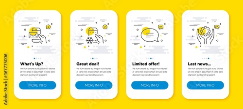 Vector set of Messenger mail, Refrigerator app and Chat line icons set. UI phone app screens with line icons. Employee hand icon. New e-mail, Fridge application, Speech bubble. Work gear. Vector