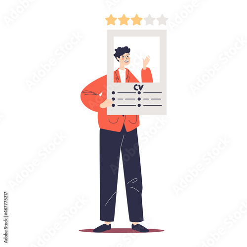 Male worker man applying for job hold cv for vacant position. Employee prepare resume for interview