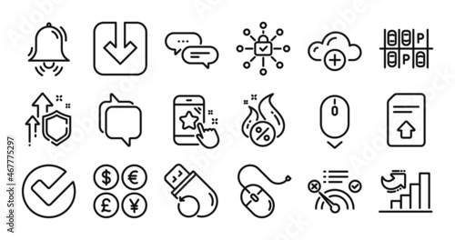 Verify, Dots message and Messenger line icons set. Secure shield and Money currency exchange. Upload file, Computer mouse and Security lock icons. Vector