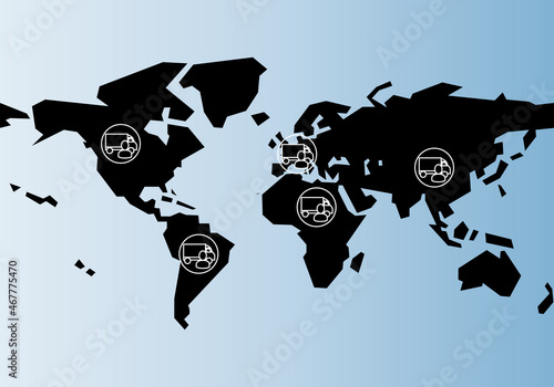 Se necesitan camioneros en todo el mundo. Símbolo de un conductor de camión o vehículo pesado con el mapa mundial de fondo en negro sobre blanco. Logística, Se buscan transportistas