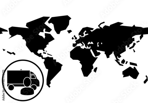 Se necesitan camioneros en todo el mundo. Símbolo de un conductor de camión o vehículo pesado con el mapa mundial de fondo en negro sobre blanco. Logística, Se buscan transportistas