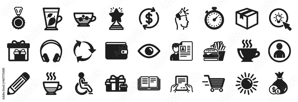 Set of simple icons, such as Parcel, Education, Delivery boxes icons. Cash, Dollar exchange, Coffee signs. Eye, Pencil, Mint leaves. Winner, Avatar, Job interview. Receive file, Disabled. Vector Set of simple icons, such as Parcel, Education, Delivery boxes icons. Cash, Dollar exchange, Coffee signs. Eye, Pencil, Mint leaves. Winner, Avatar, Job interview. Receive file, Disabled. Vector