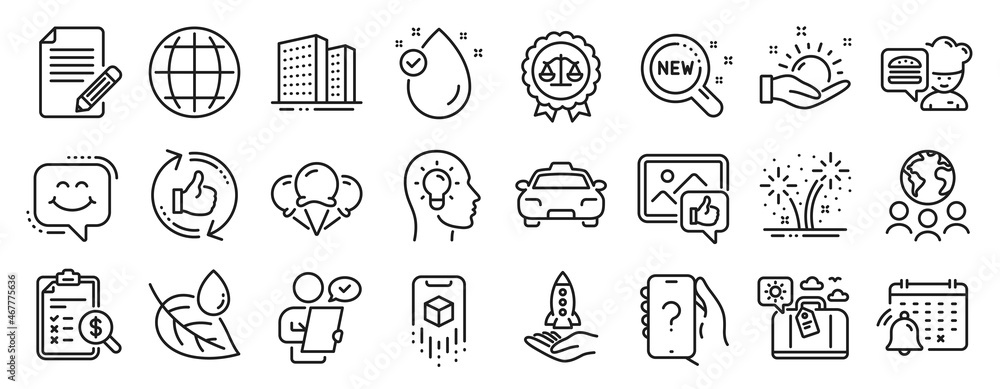 Set of Business icons, such as Augmented reality, Article, Ice creams icons. Global business, Chef, Refresh like signs. Customer survey, Fireworks, Crowdfunding. Leaf dew, Globe, Idea head. Vector Set of Business icons, such as Augmented reality, Article, Ice creams icons. Global business, Chef, Refresh like signs. Customer survey, Fireworks, Crowdfunding. Leaf dew, Globe, Idea head. Vector