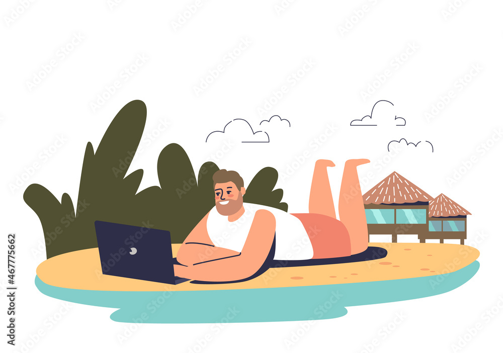 Fototapeta premium Man work on beach. Male freelancer use laptop lying on paradize seaside. Worker with laptop