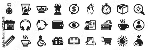 Set of simple icons, such as Parcel, Education, Delivery boxes icons. Cash, Dollar exchange, Coffee signs. Eye, Pencil, Mint leaves. Winner, Avatar, Job interview. Receive file, Disabled. Vector