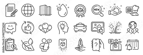 Set of Business icons, such as Augmented reality, Article, Ice creams icons. Global business, Chef, Refresh like signs. Customer survey, Fireworks, Crowdfunding. Leaf dew, Globe, Idea head. Vector