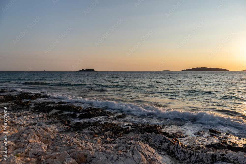 Wonderful summer sunset over Adriatic sea at the coast of Rogoznica, Croatia
