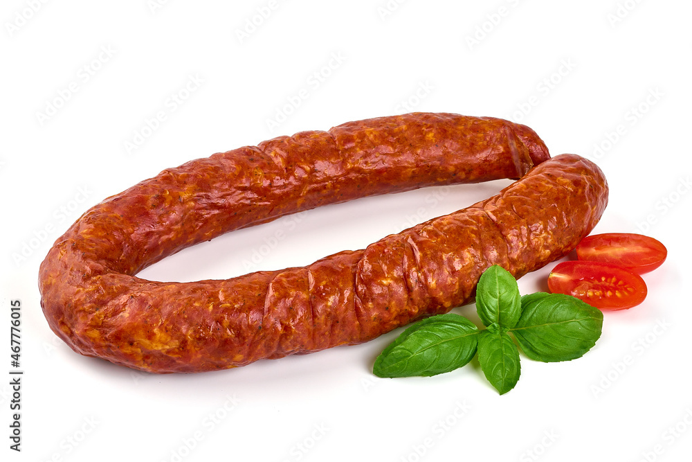 Traditioanal air dried sausage, isolated on white background. Traditioanal air dried sausage, isolated on white background.