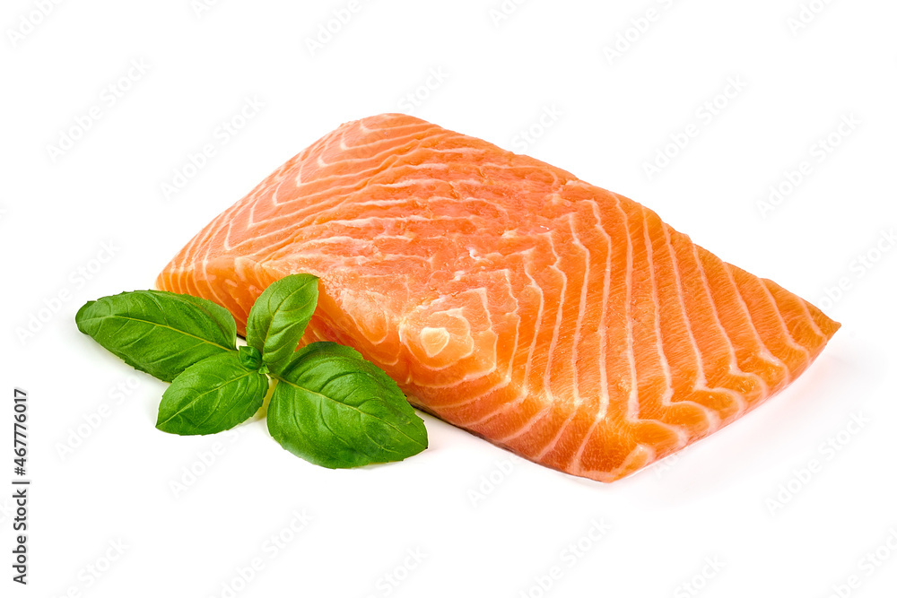 Fresh salmon fillet with basil, isolated on white background. Fresh salmon fillet with basil, isolated on white background.