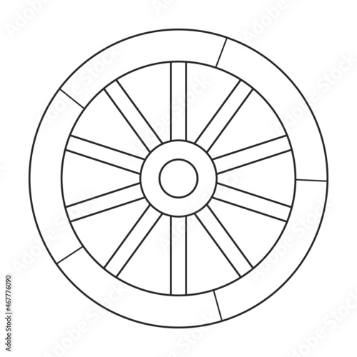 Wooden wheel outline vector icon.Outline vector illustration wagon. Isolated illustration of wooden wheel of wagon icon on white background.