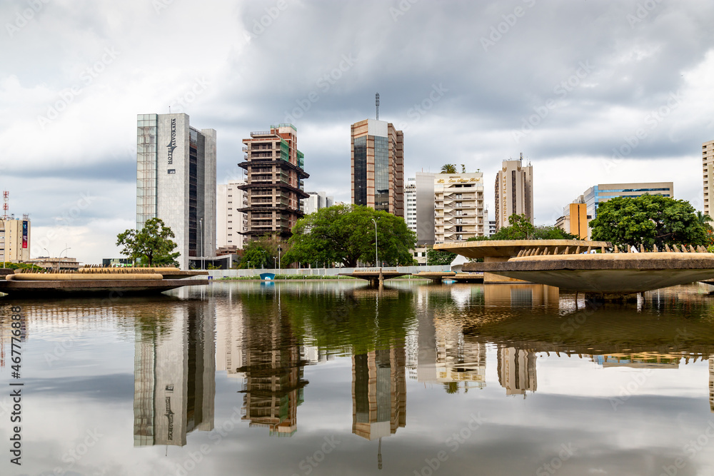 Brasília DF, Brazil, November 7, 2021: Hotel sector near the TV Tower, with reflection in the water from the fountain, in the central region of the city of Brasília