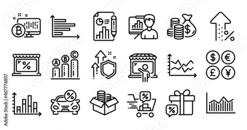 Discounts cart, Horizontal chart and Diagram chart line icons set. Secure shield and Money currency exchange. Sale gift, Car leasing and Diagram graph icons. Vector