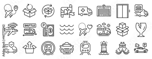 Set of Transportation icons, such as Return parcel, Train, Airplane icons. Ship, Parking security, Fragile package signs. Taxi, Send box, Parking garage. Waves, Bus travel, Packing boxes. Vector