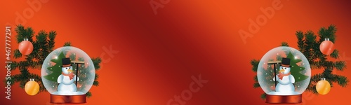 Weihnachtsbanner mit Schneekugeln mit Schneemann und Tannenzweig mit Christbaumkugel. Vektor