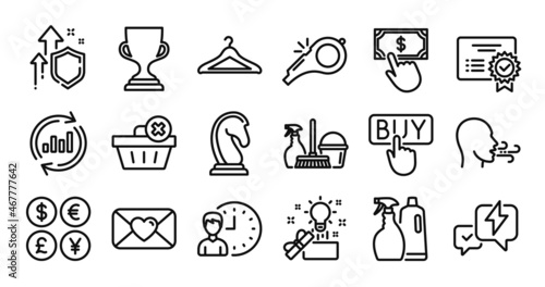Update data, Whistle and Shampoo and spray line icons set. Secure shield and Money currency exchange. Working hours, Certificate and Breathing exercise icons. Vector