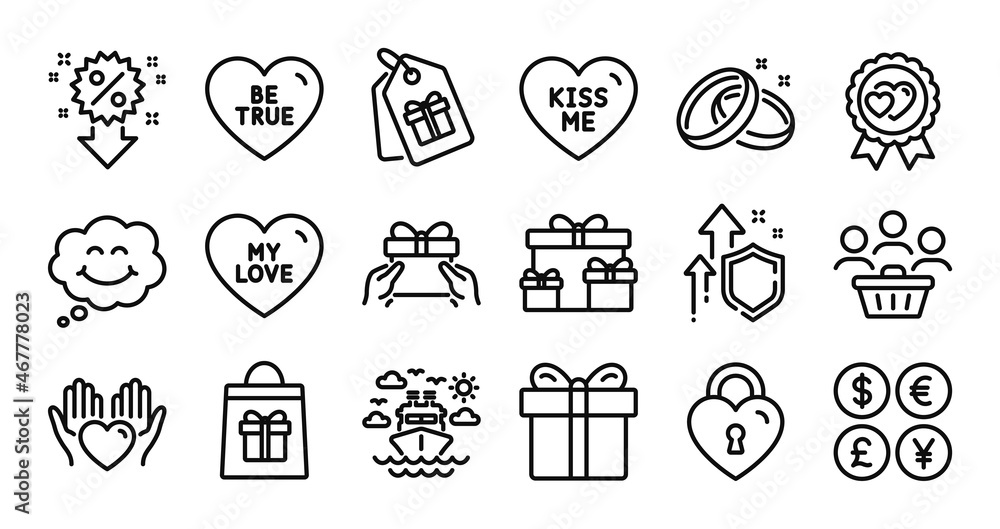 My love, Coupons and Gift box line icons set. Secure shield and Money currency exchange. Surprise boxes, Smile and Holidays shopping icons. Ship travel, Hold heart and Love award signs. Vector