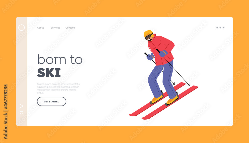 Ski Sport Activity Landing Page Template. Athlete Man in Warm Clothes, Helmet and Sunglasses Skiing. Skier Riding Down