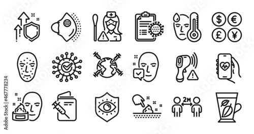 Mint leaves, Face accepted and Skin moisture line icons set. Secure shield and Money currency exchange. Fever, Coronavirus and Medical mask icons. Vector