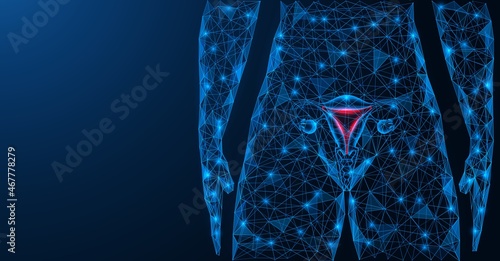 Inflammation and pain in the uterine region. Female reproductive organ. A low-poly model of interconnected lines and points. Blue background.