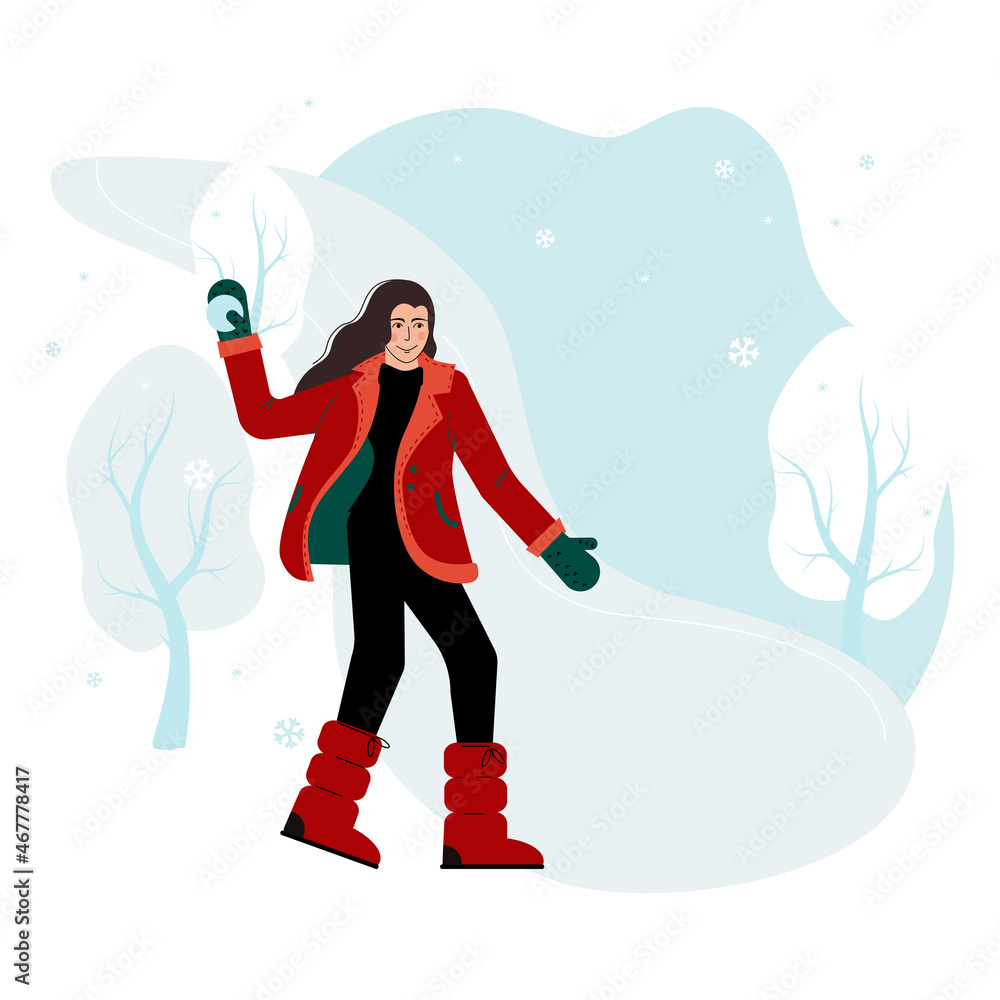 Girl in a red jacket plays snowball. Winter games and activities. Flat style.Vector Illustration. Girl in a red jacket plays snowball. Winter games and activities. Flat style.Vector Illustration.