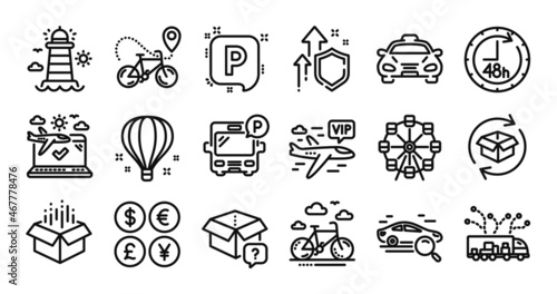 Truck delivery, 48 hours and Parking line icons set. Secure shield and Money currency exchange. Secret package, Ferris wheel and Air balloon icons. Taxi, Lighthouse and Vip flight signs. Vector