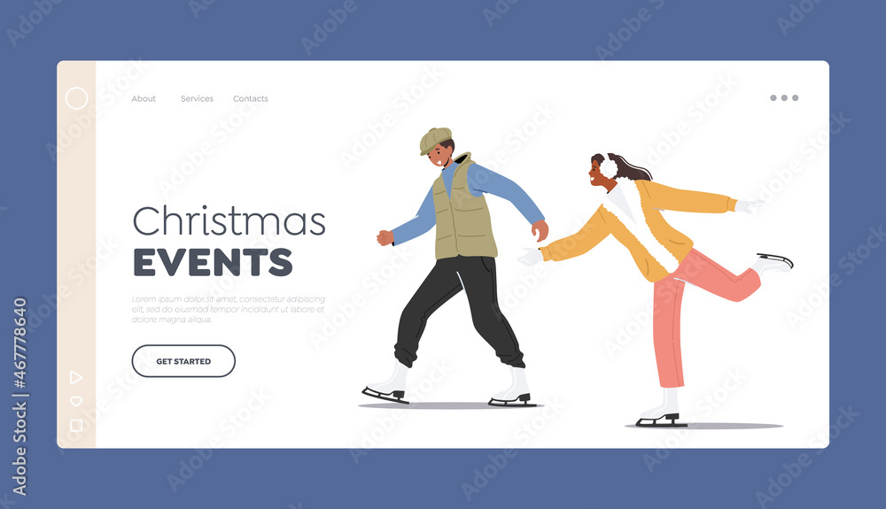 Christmas Events Landing Page Template. Teenagers Couple Skate on Ice Rink, Outdoor Winter Activities, Family Leisure
