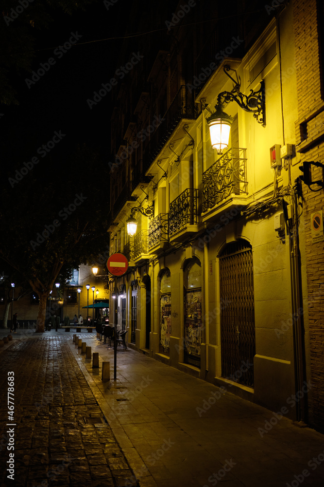 ZARAGOZA, SPAIN - 07-11-2021:
Very famous city in Spain, Streets of Zaragoza on an autumn night. Zaragoza, Spain.