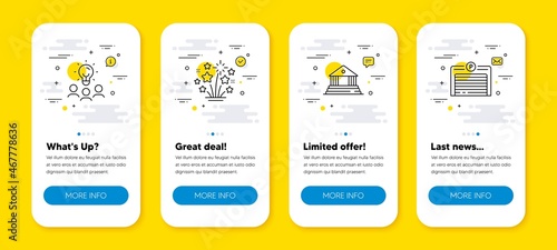 Vector set of Business idea, Court building and Fireworks stars line icons set. UI phone app screens with line icons. Parking garage icon. Meeting people, Judgement, Pyrotechnic salute. Vector
