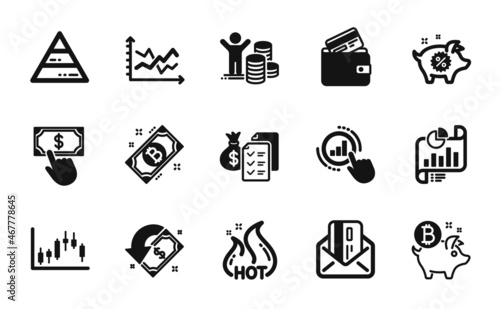 Vector set of Diagram chart, Cashback and Debit card icons simple set. Candlestick graph, Credit card and Payment click icons. Accounting wealth, Report document and Piggy sale signs. Vector