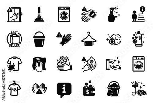 Vector Set of Cleaning icons related to Vacuum cleaner, Dryer machine and Dry t-shirt icons. Clean bubbles, Dont touch and Dirty mask signs. Toilet paper, Plunger and Dirty t-shirt. Bucket. Vector