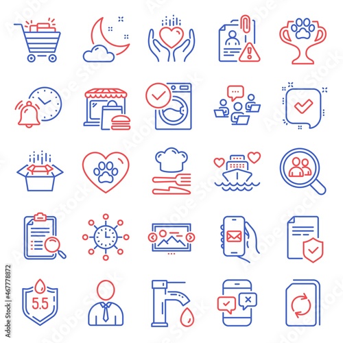 Business icons set. Included icon as Food, Image carousel, Pets care signs. Shopping cart, Search employees, Washing machine symbols. Insurance policy, Teamwork, Mail app. Food market. Vector