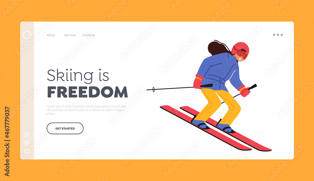 Little Girl Skiing Landing Page Template. Child in Warm Sportive Costume and Goggles Go Downhill by Skis, Winter Sports