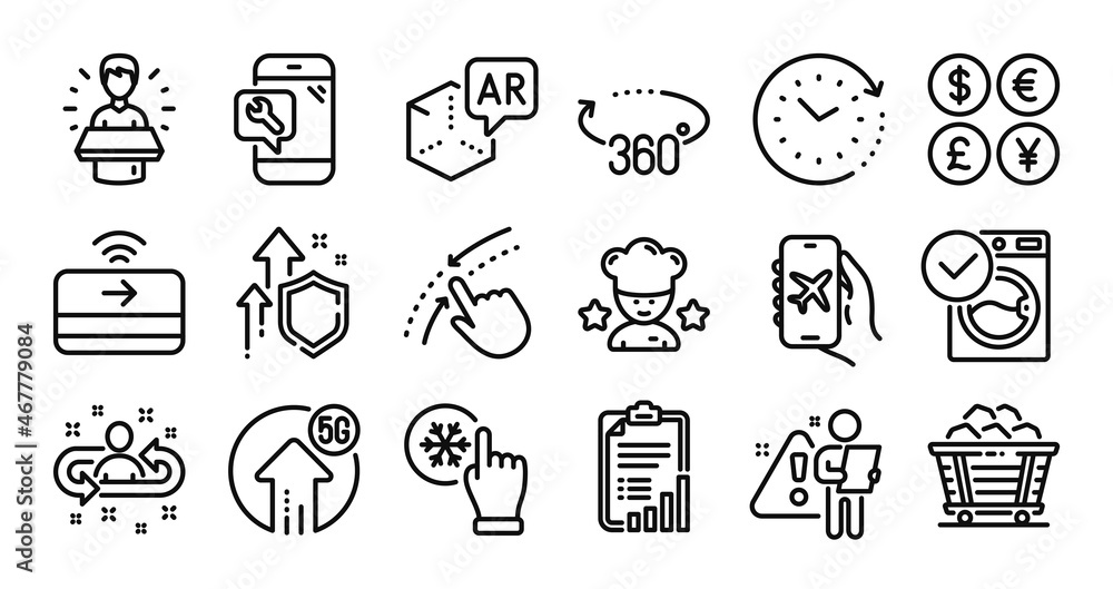 Fototapeta premium Time change, Washing machine and 360 degrees line icons set. Secure shield and Money currency exchange. Swipe up, Phone repair and Checklist icons. Vector