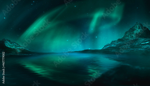 Night polar fantasy landscape with northern lights. Neon sunset, northern lights, night seascape. Islands, starry sky. Dark natural scene with light reflection in water. 3D illustration. © MiaStendal