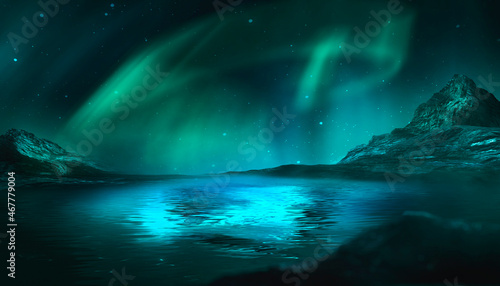 Night polar fantasy landscape with northern lights. Neon sunset, northern lights, night seascape. Islands, starry sky. Dark natural scene with light reflection in water. 3D illustration.  © MiaStendal