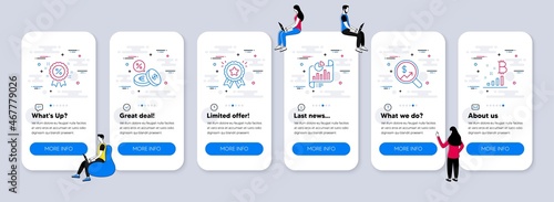 Finance icons set. UI phone app screens with teamwork. Included icon as Currency audit, Discount, Currency exchange signs. Report document, Loyalty award, Bitcoin graph line icons. Vector