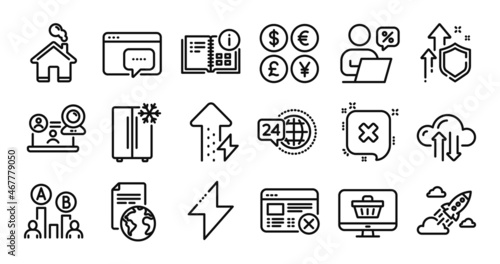 Energy growing, Instruction info and Video conference line icons set. Secure shield and Money currency exchange. Reject, 24h service and Refrigerator icons. Vector