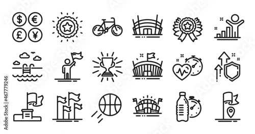 Flag, Leadership and Sports arena line icons set. Secure shield and Money currency exchange. Basketball, Arena and Winner flag icons. Swimming pool, Winner star and Bicycle signs. Vector