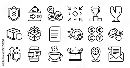 Currency exchange, Winner podium and Delivery insurance line icons set. Secure shield and Money currency exchange. Fragile package, Mail newsletter and Cappuccino icons. Vector