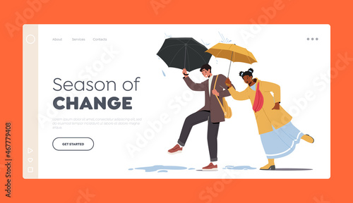 Seasons of Change Landing Page Template. Cheerful Couple Man and Woman Walking in Rainy Autumn Weather under Umbrellas.