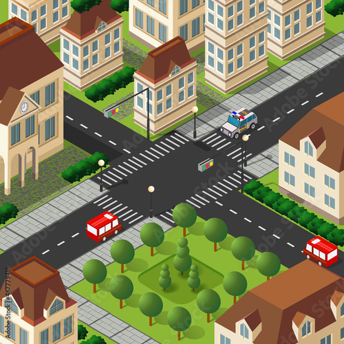 Isometric view of the city. Collection of houses 3D illustration