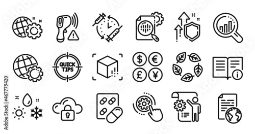 Cloud protection, Tips and Cogwheel settings line icons set. Secure shield and Money currency exchange. Settings blueprint, Seo gear and Weather icons. Vector